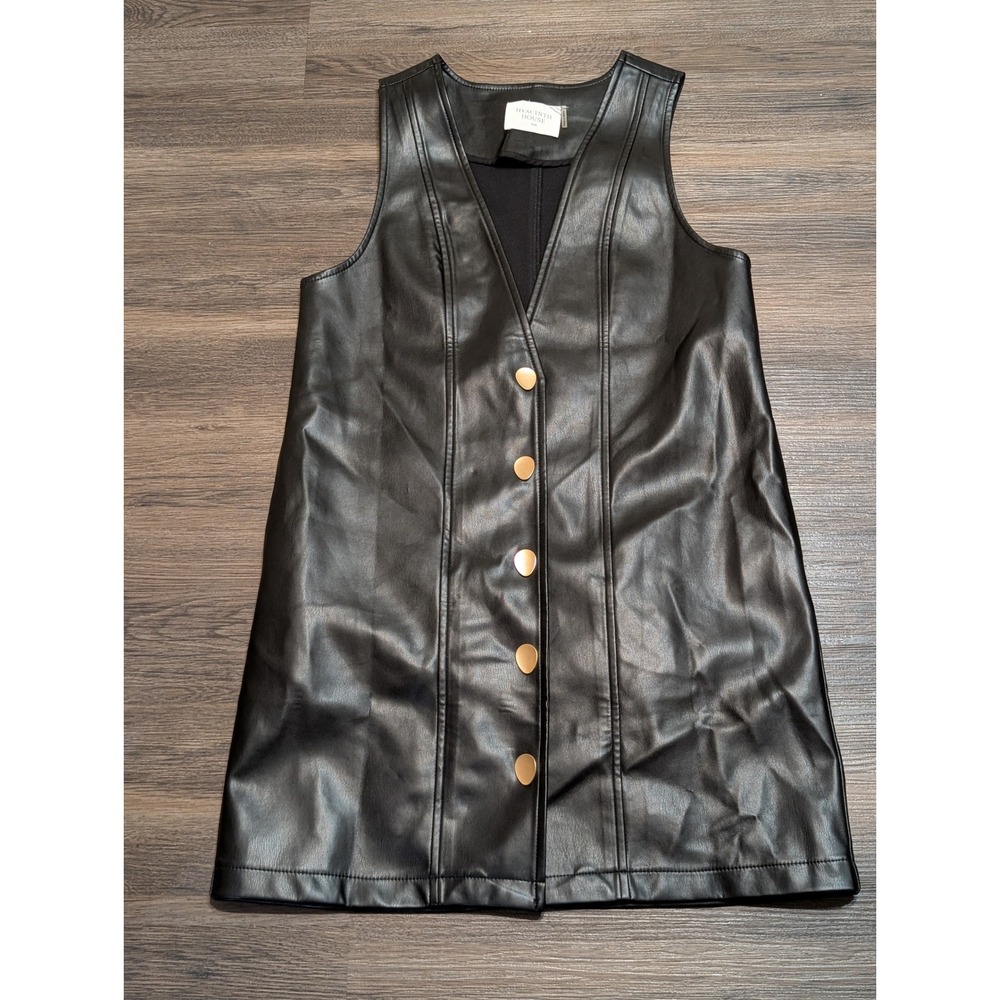 Tuckernuck Hyacinth House Black Vegan Leather V-Neck Button Front Mini Dress XXS